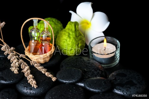 Picture of Aromatic spa concept of bottles essential oil bergamot fruits